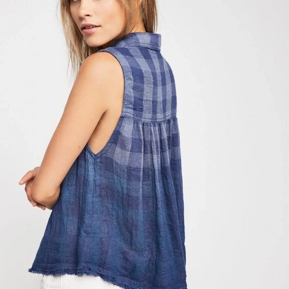 Free People Hey There Sunrise Button Down Gingham Sleeveless Shirt Blue M - Picture 3 of 15